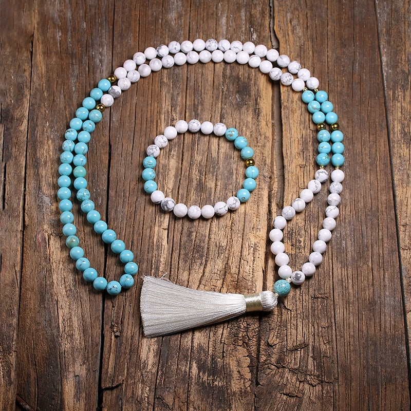 8mm Natural White Howlite Stone and Blue Turquoise Bracelet/Necklace Set
