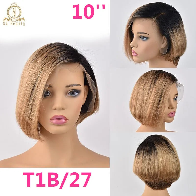 13x4 Lace Front Human Hair Short Bob Wigs Pixie Cut Blonde Ombre Color 360 Lace Frontal Human Hair Wig For Black Women Nabeauty