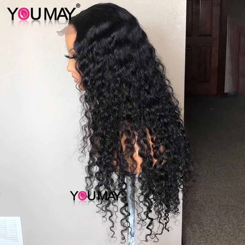 Full Lace Human Hair Wigs Fake Scalp Glueless Brazilian Deep Curly Transparent HD 30 Inch Full Lace Wig 250 Density For Black