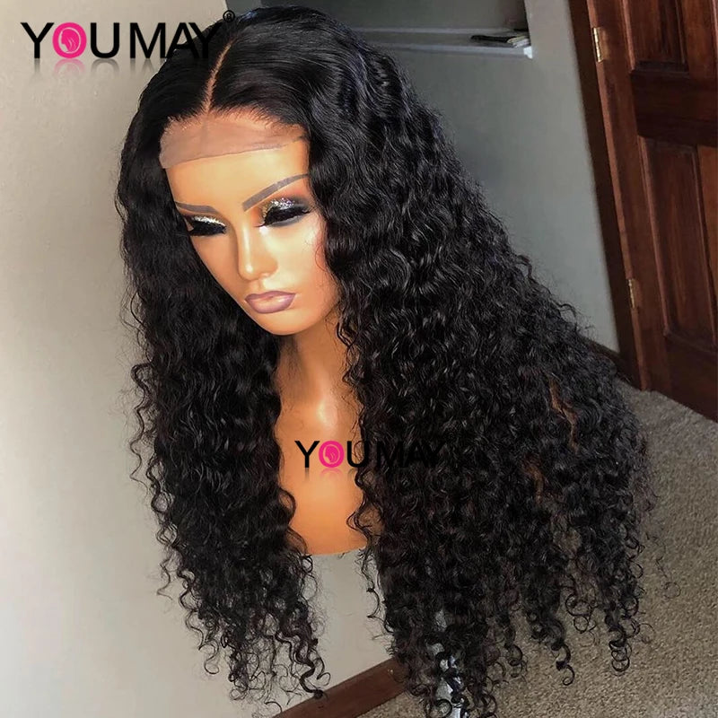 Full Lace Human Hair Wigs Fake Scalp Glueless Brazilian Deep Curly Transparent HD 30 Inch Full Lace Wig 250 Density For Black