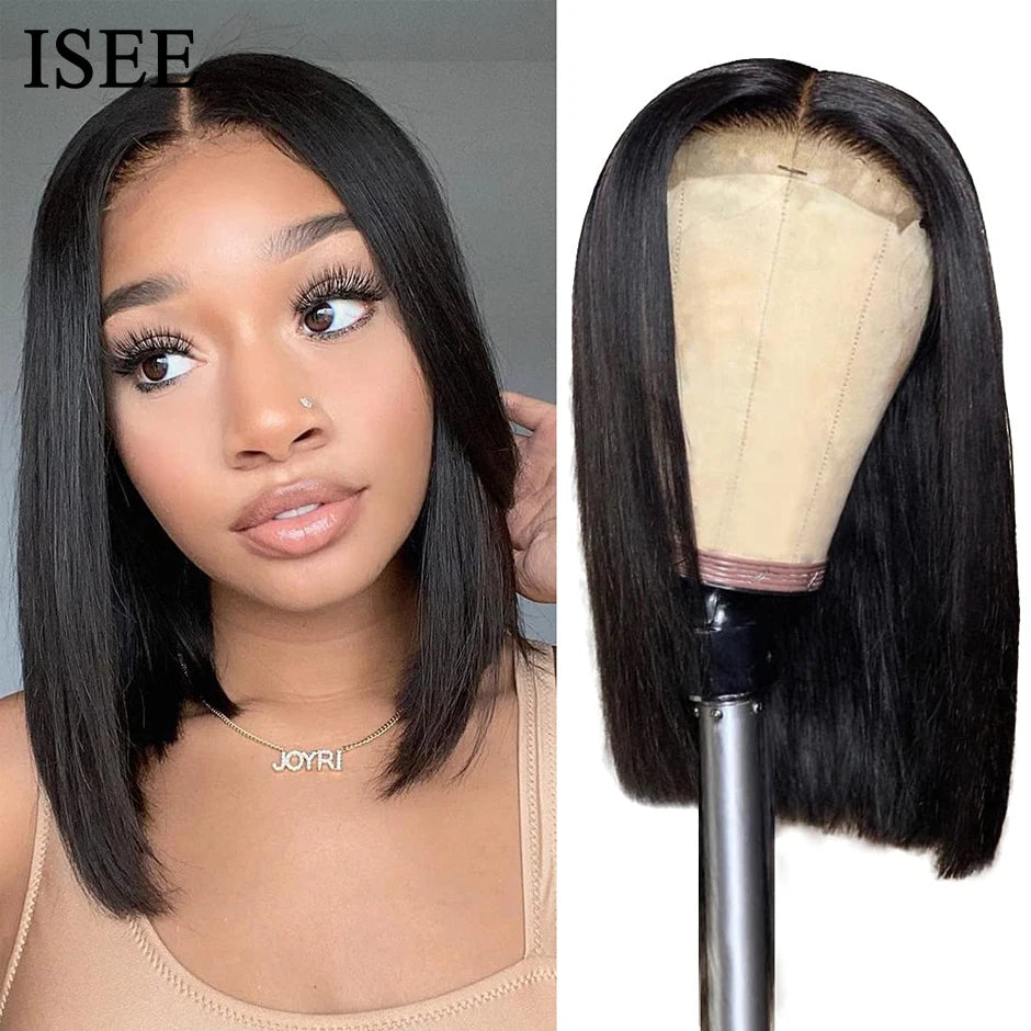 ISEE Hair Malaysian Straight Short Bob 13x4 Lace Frontal Wig Pre Bleached Knots Bone Straight 4x4 Lace Closure Human Hair Wigs