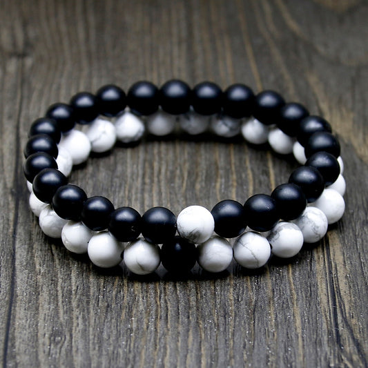 Natural Black Onyx/Matte-Onyx/Tridacna/White Howlite Stone Bead Bracelet